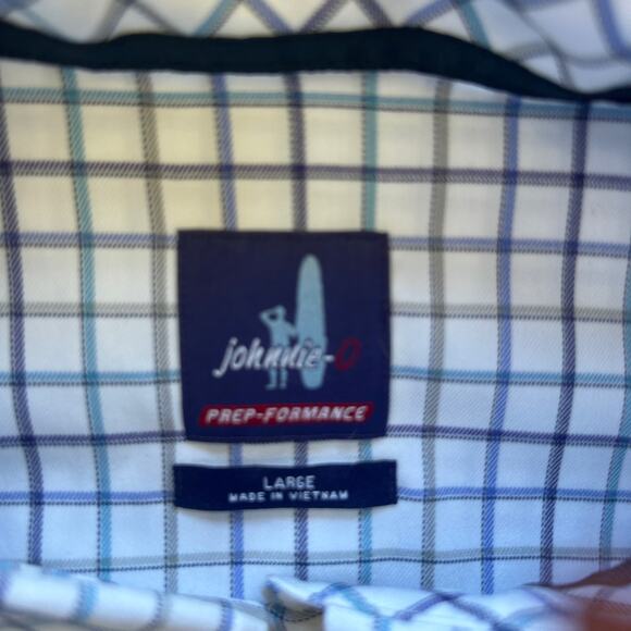 Johnnie-O Polo Shirt Mens Large White Blue Purple Plaid Prep-Formance Stretch - Picture 11 of 14